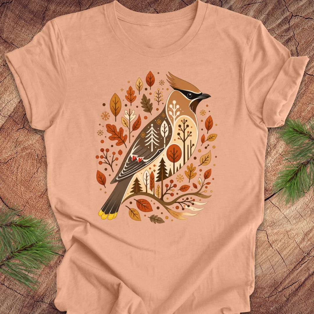 A peach-colored short-sleeve t-shirt with a detailed graphic of a cedar waxbird surrounded by autumn leaves and pine trees, laid flat on a rustic wood background with pine branches.