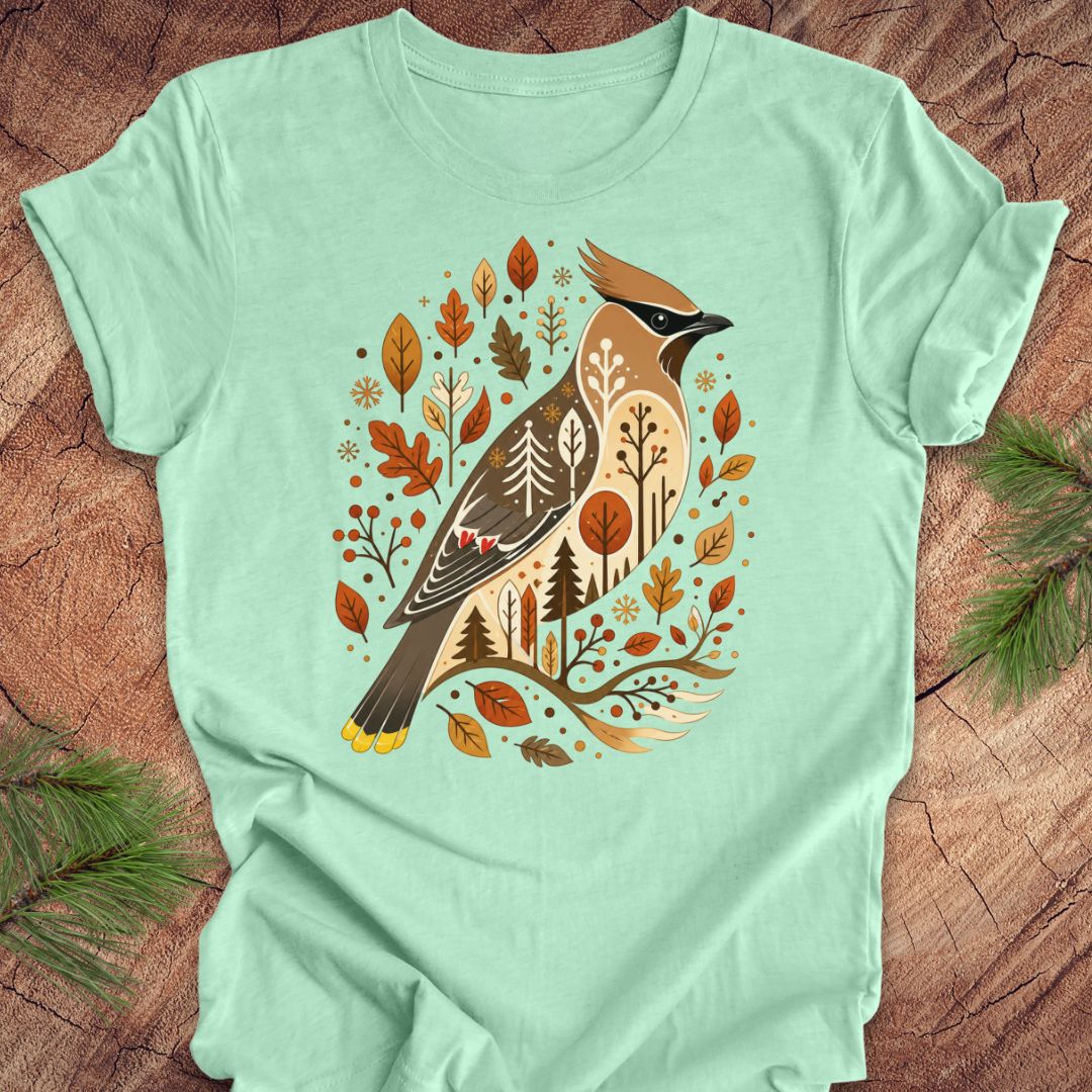 A mint green short-sleeve t-shirt laid flat on a rustic wood background, featuring a detailed graphic of a cedar waxbird surrounded by autumn leaves and pine trees.