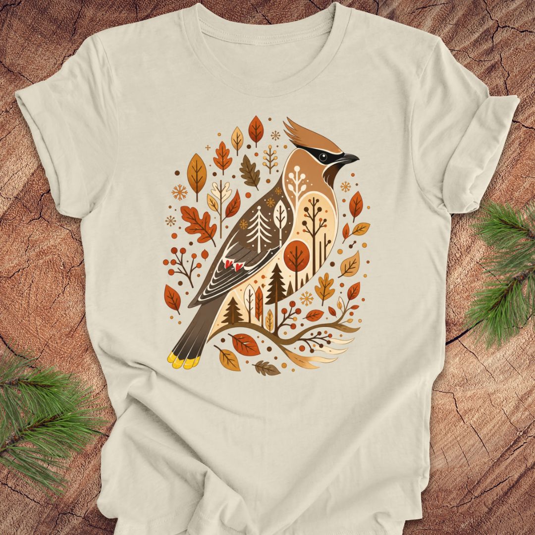 An off-white crewneck t-shirt featuring a detailed graphic of a woodpecker bird surrounded by autumn leaves and trees, laid flat on a rustic wood background with pine branches.