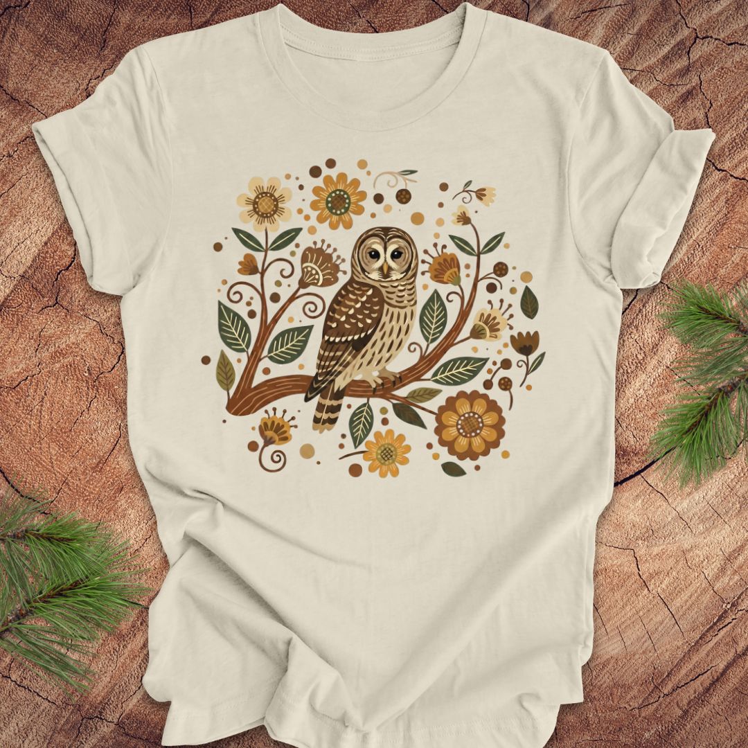 Beige t-shirt with an owl and floral design on a wooden surface