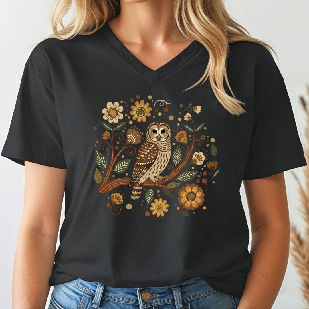 Folk Art Barred Owl V-Neck Tee