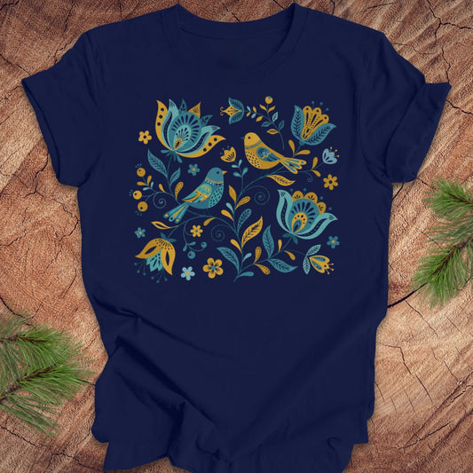 Folk Art Birds & Flowers Tee — Navy, Size XL (Final Sale)