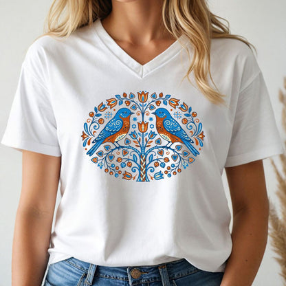White t-shirt with blue and orange bird design worn by a person