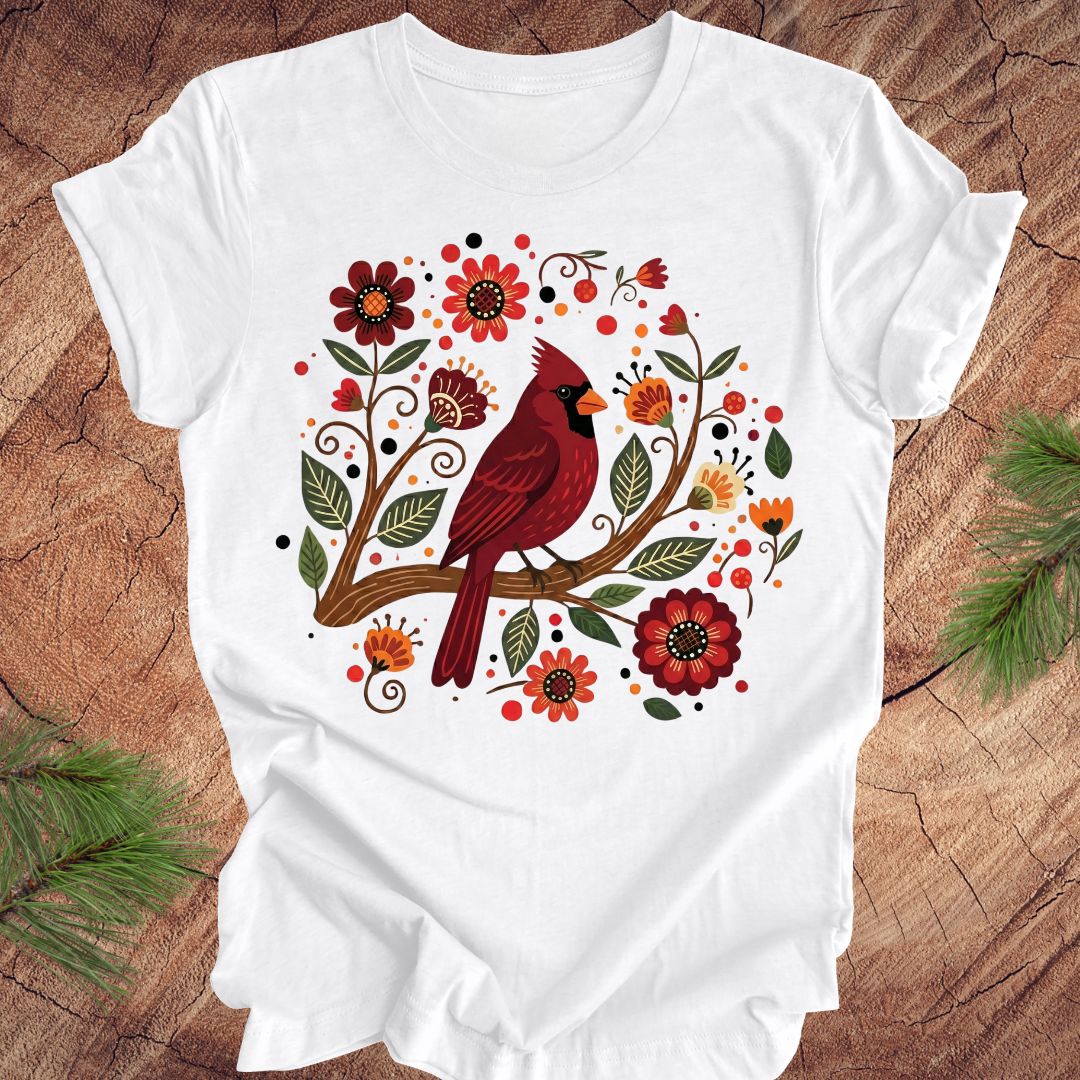 White t-shirt with a red cardinal and floral design on a wooden surface.