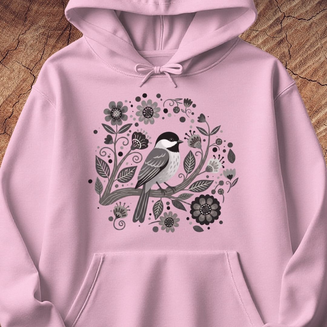 A light pink pullover hoodie featuring a central graphic of a black-capped chickadee surrounded by black, gray, and white floral and leafy illustrations, displayed flat against a rustic wood background.