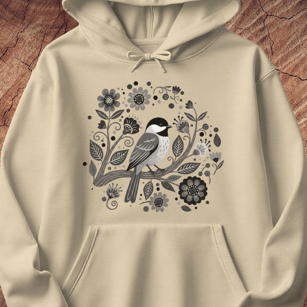 A cream-colored pullover hoodie featuring a central graphic of a black-capped chickadee bird surrounded by stylized black and gray flowers and leaves, displayed on a textured brown wood background.