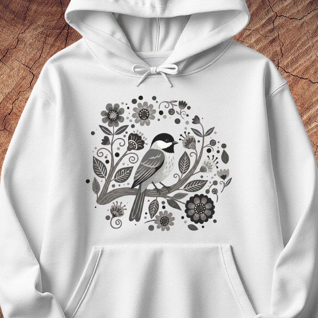 A white pullover hoodie featuring a black and gray graphic of a chickadee bird surrounded by floral elements, displayed on a rustic wood background.