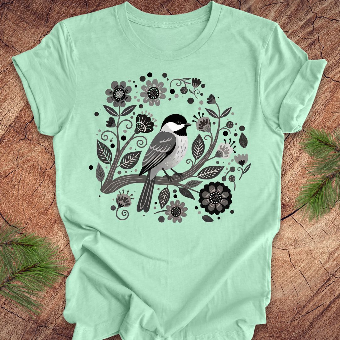 Mint green t-shirt with a chickadee bird and floral design on a wooden surface