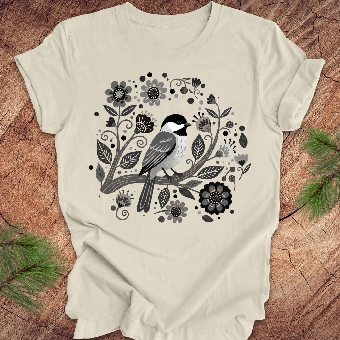 Beige t-shirt with a chickadee bird and floral design on a wooden surface