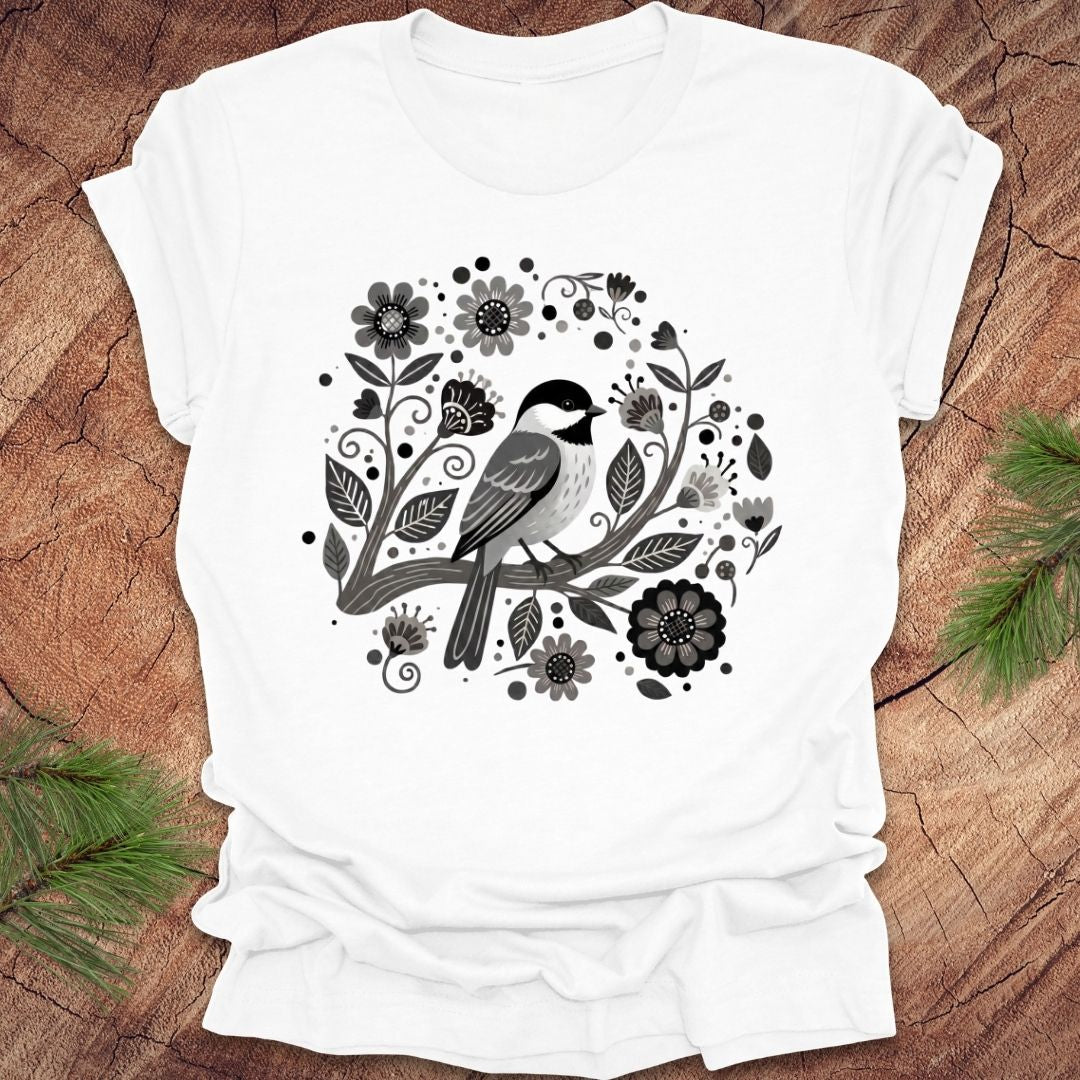 White t-shirt of a chickadee on a branch surrounded by folk art flowers, all in black and white, on a wooden background.
