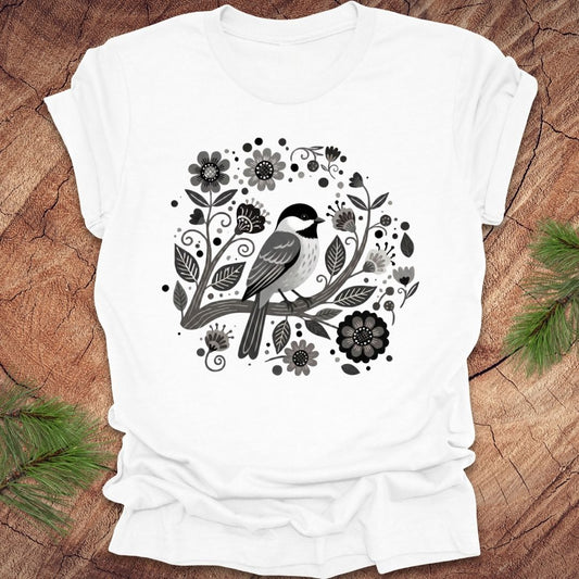 White t-shirt of a chickadee on a branch surrounded by folk art flowers, all in black and white, on a wooden background.