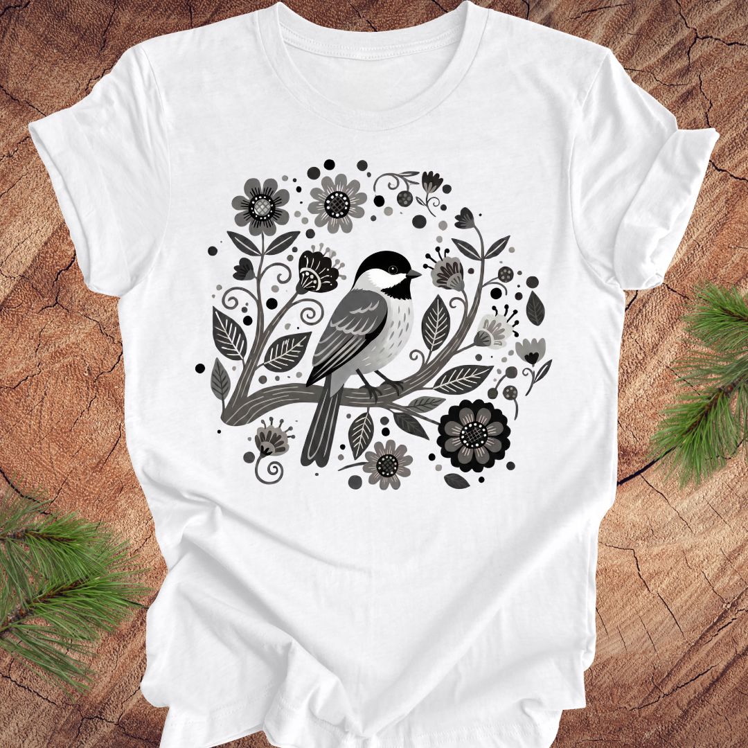 White t-shirt with a chickadee bird and floral design on a wooden surface