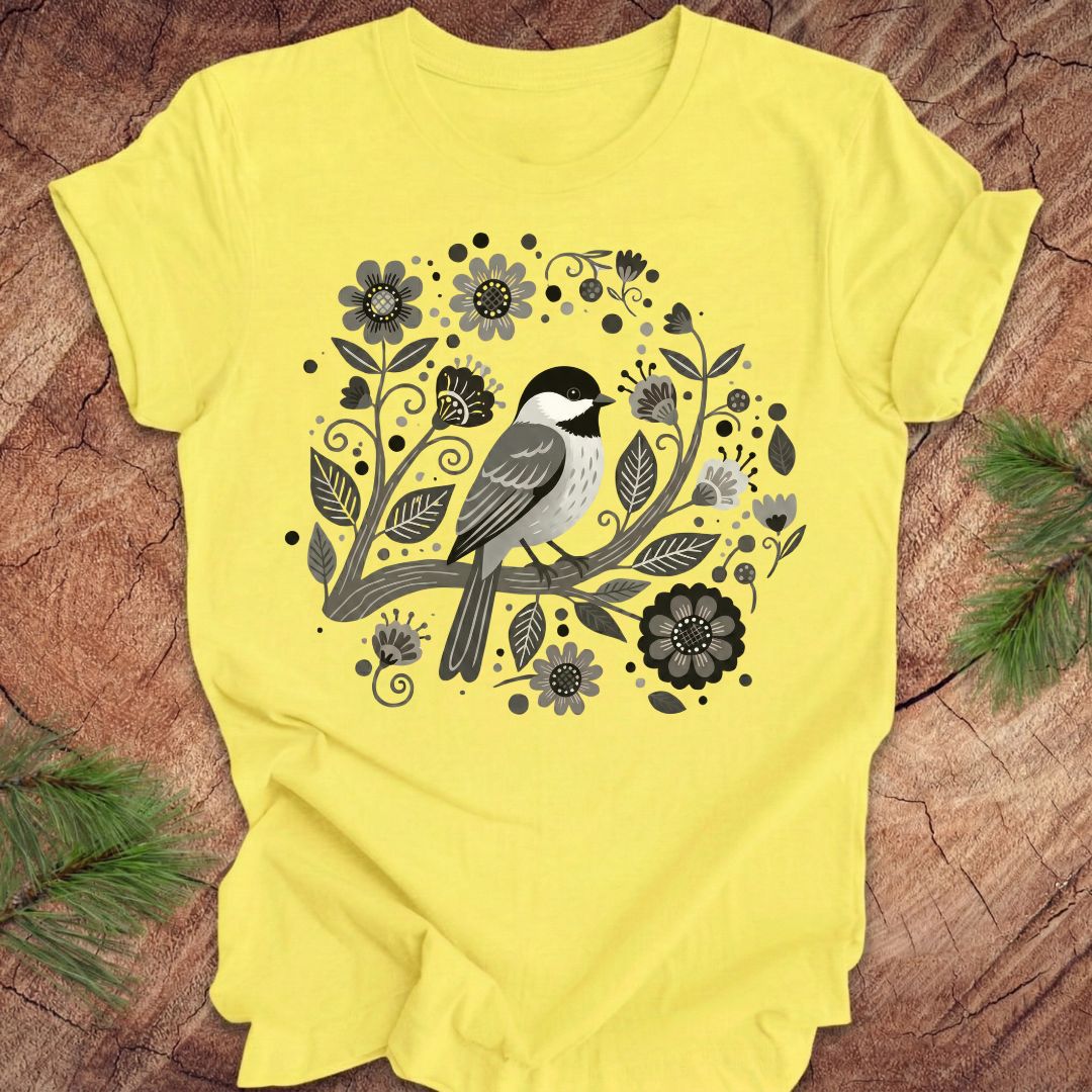 Yellow t-shirt with a chickadee bird and floral design on a wooden surface