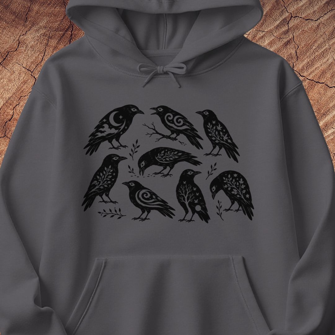 Folk Art Crows Hoodie — Charcoal