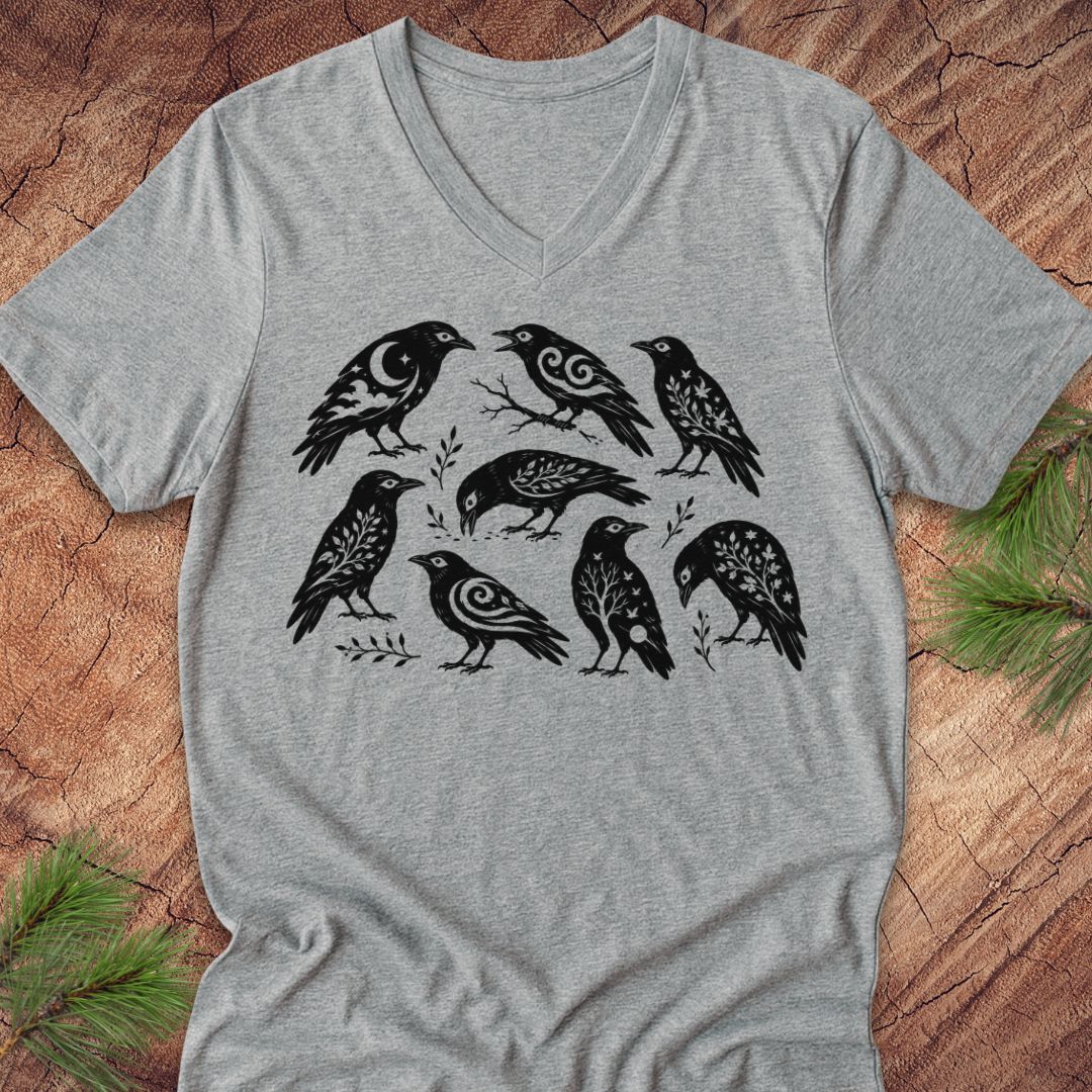 A heather gray V-neck t-shirt featuring a black graphic print of seven stylized birds with intricate patterned details, laid flat on a rustic wood background with pine branches in the corners.