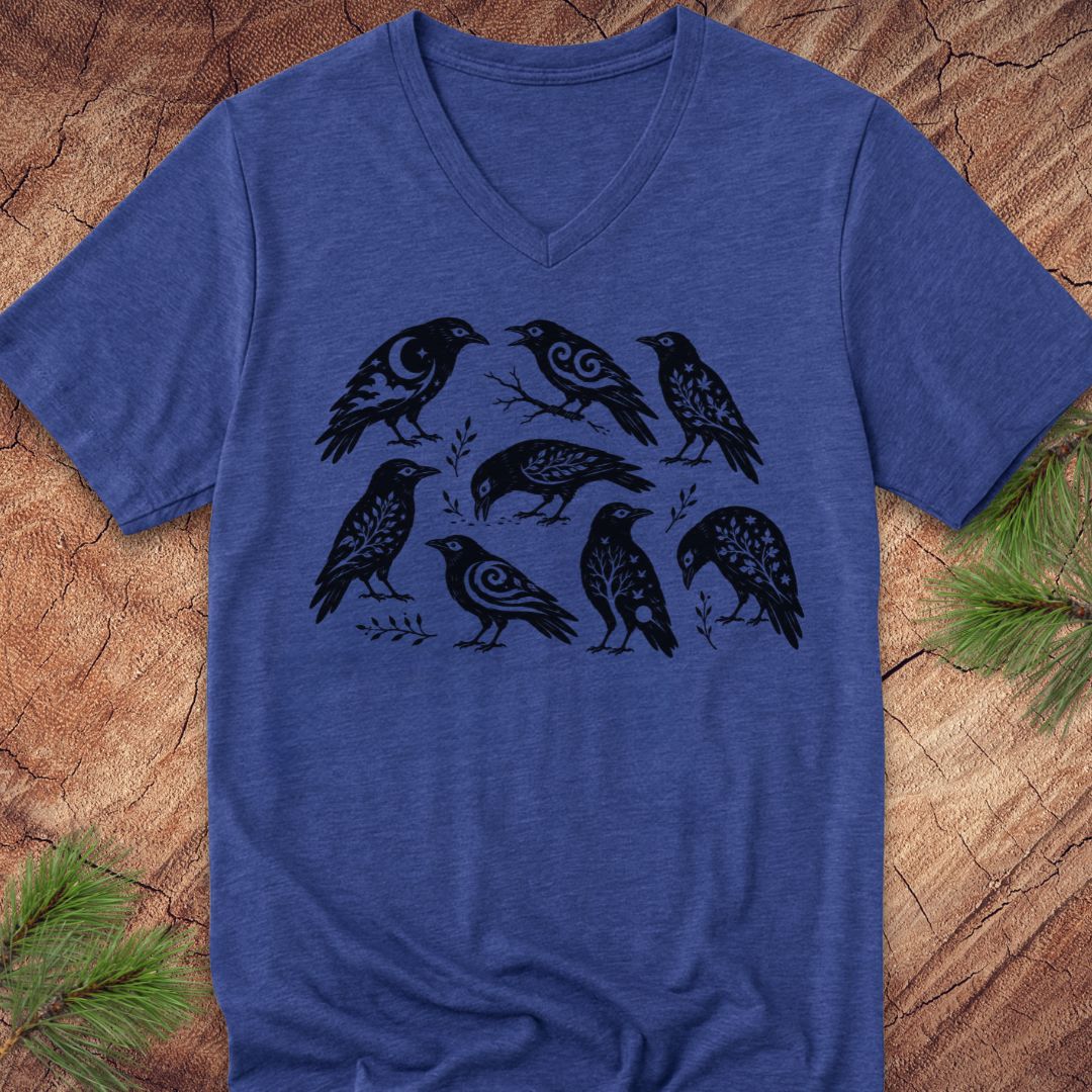 A heathered blue V-neck t-shirt featuring a black graphic print of nine stylized birds, laid flat on a rustic wood background with pine needles in the corners.