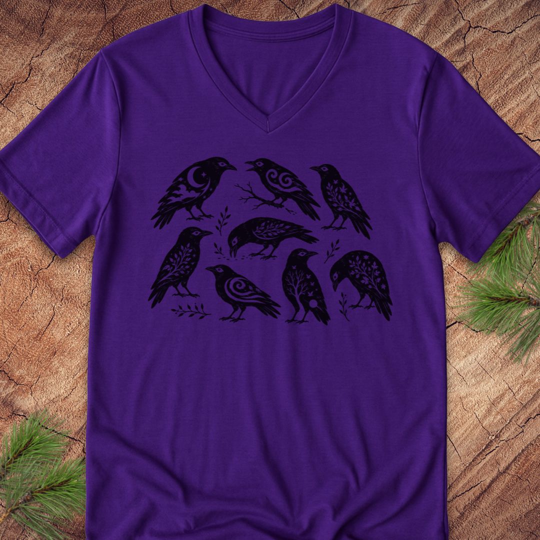 A purple short-sleeve V-neck t-shirt featuring a black graphic print of seven stylized birds with intricate patterned details, laid flat on a rustic wood background with pine needles in the corners.