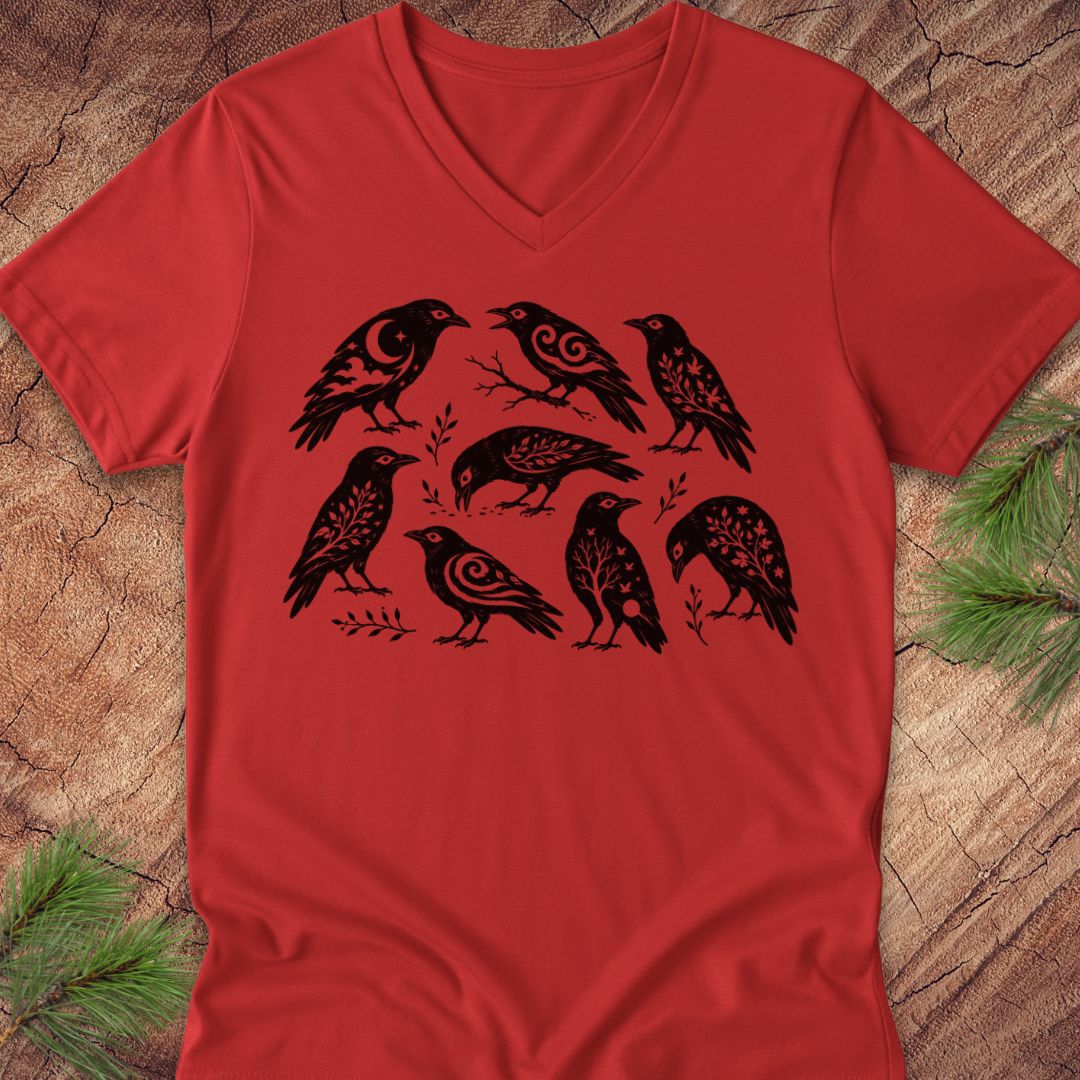 A red V-neck t-shirt featuring a black graphic print of seven stylized birds with intricate patterned details, laid flat on a rustic wood background with pine needles.