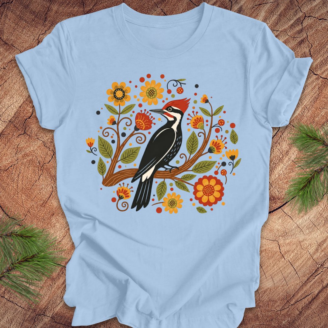 Light blue t-shirt with a woodpecker design on a wooden surface