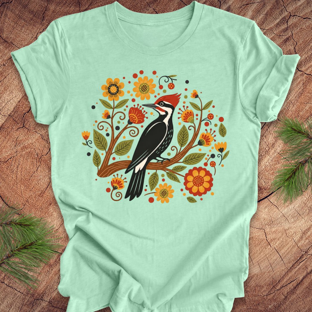 Light green t-shirt with a woodpecker design on a wooden surface