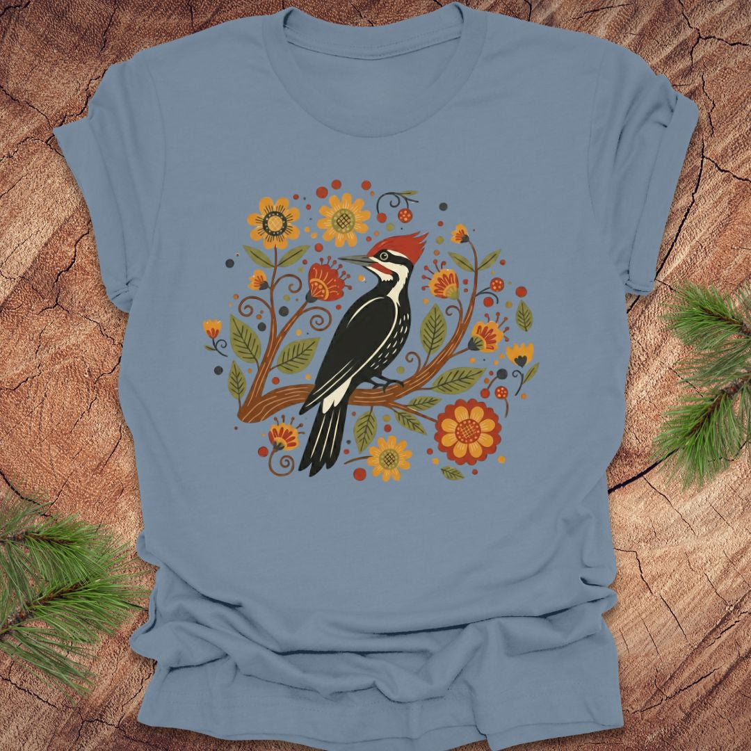 Steel blue T-Shirt with a pileated woodpecker on a branch surrounded by folk art flowers on a wood background.