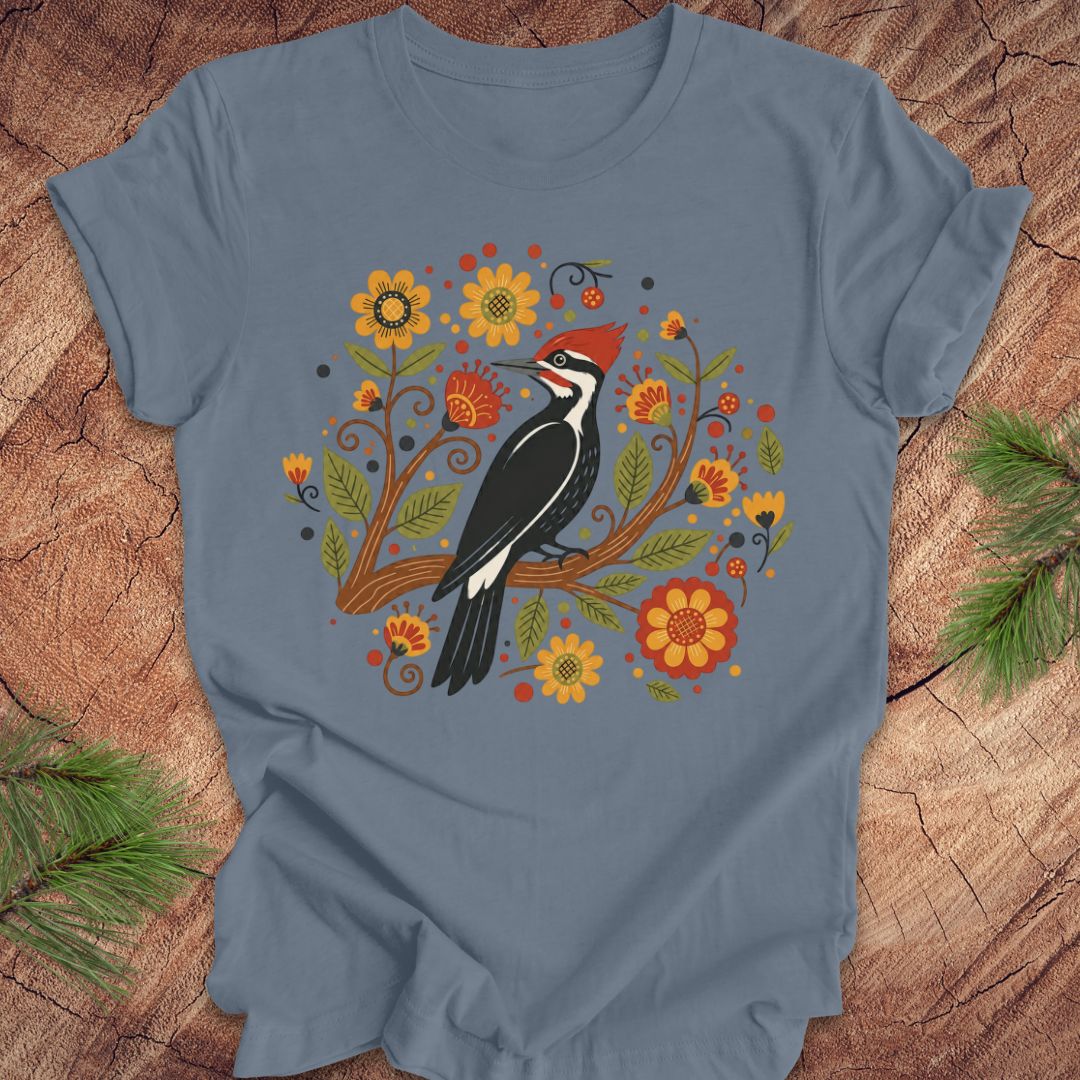 Blue t-shirt with a woodpecker design on a wooden surface