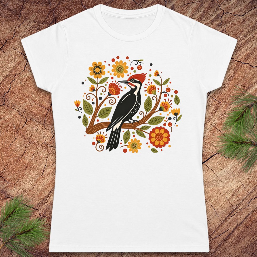 White t-shirt with a woodpecker and floral design on a wood background.