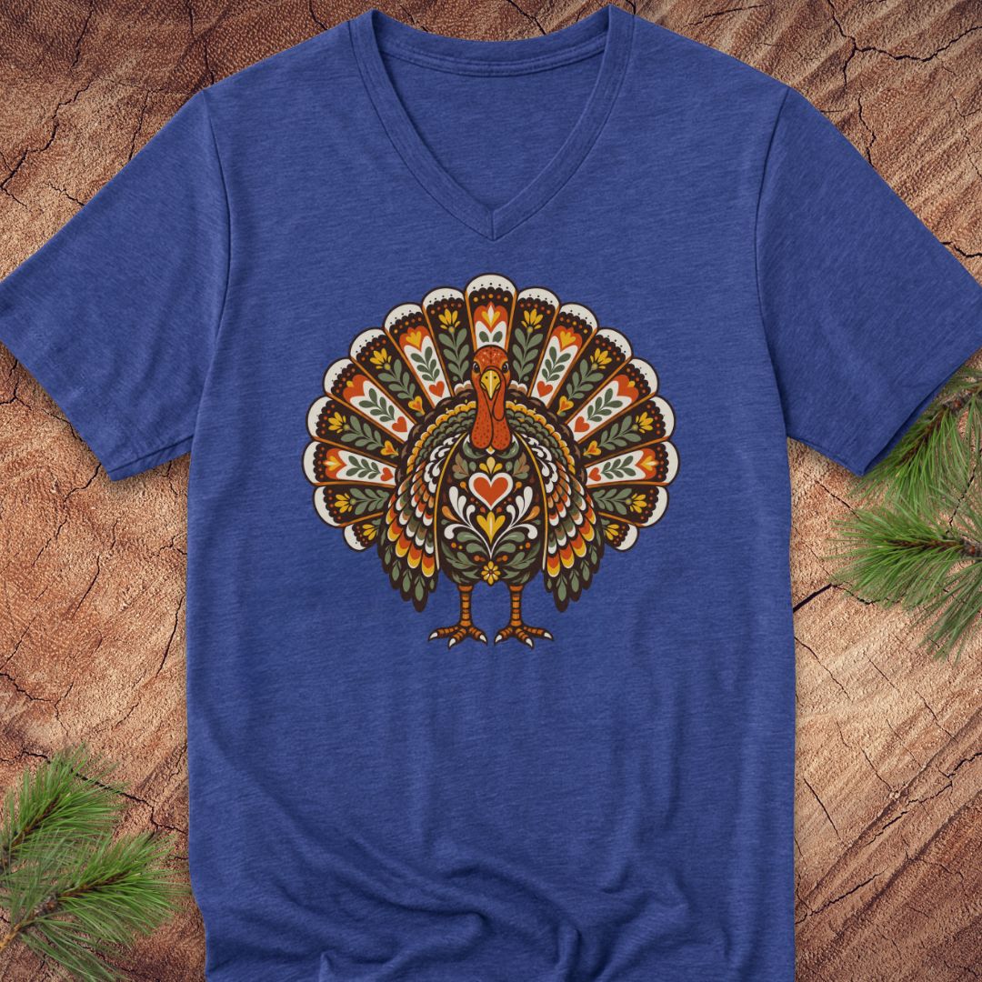 A heathered blue V-neck t-shirt featuring a detailed, colorful geometric turkey graphic on the chest, laid flat on a rustic wood background with pine needles.