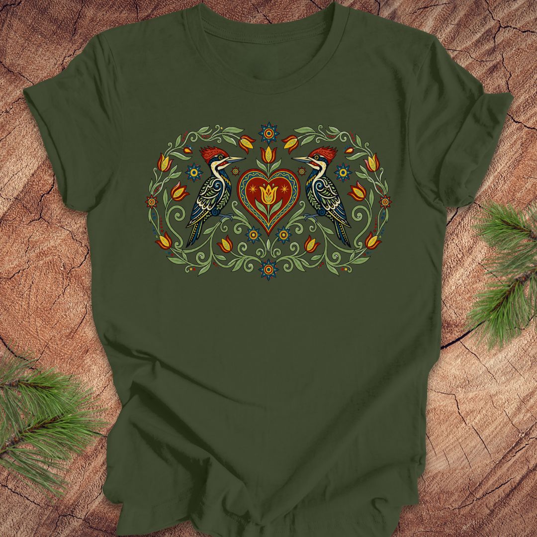 Green t-shirt with a design of two woodpeckers around a heart on a wooden surface.
