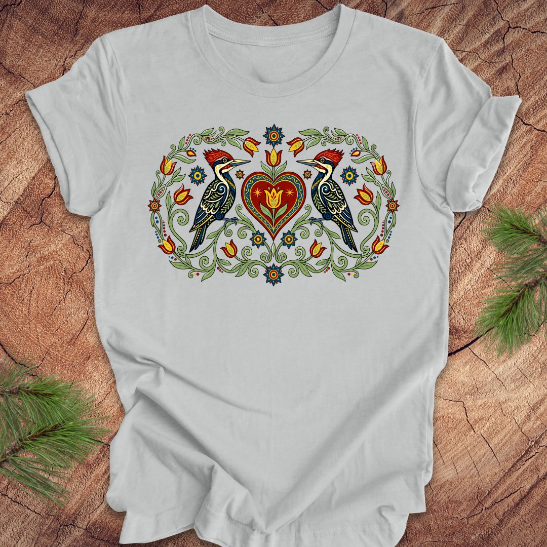 Gray t-shirt with a design of two woodpeckers around a heart on a wooden surface.