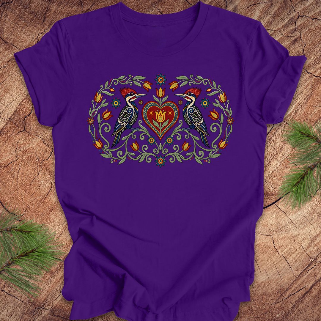 Purple t-shirt with a design of two woodpeckers around a heart on a wooden surface.