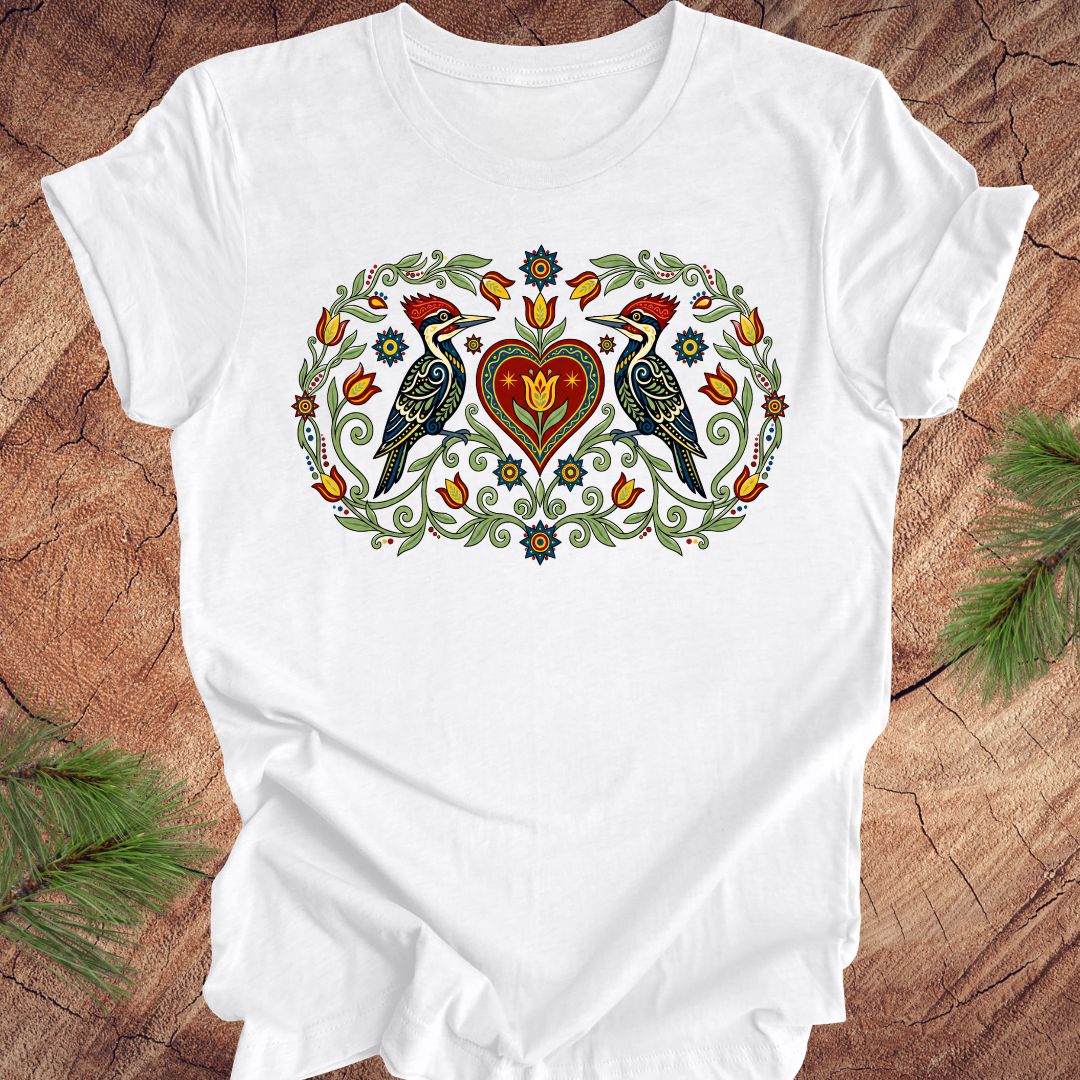 White t-shirt with a design of two woodpeckers around a heart on a wooden surface.