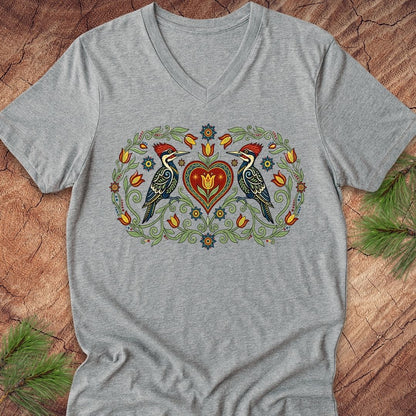 A heather gray V-neck t-shirt featuring a colorful graphic of two woodpeckers and a heart surrounded by floral scrollwork, laid flat on a rustic wood background with pine branches.