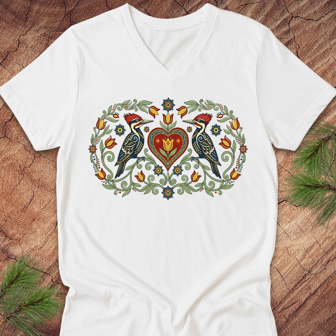 A white V-neck t-shirt laid flat on a rustic wood background, featuring a colorful folk-art style graphic of two woodpeckers flanking a red heart surrounded by floral and leafy motifs.