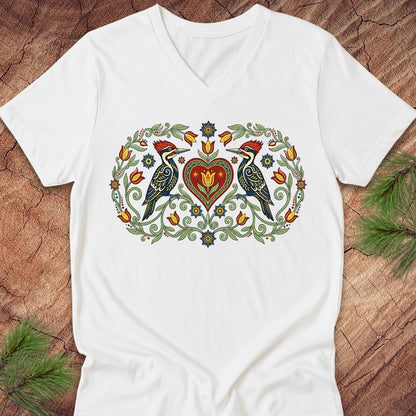 A white V-neck t-shirt laid flat on a rustic wood background, featuring a colorful folk-art style graphic of two woodpeckers flanking a red heart surrounded by floral and leafy motifs.