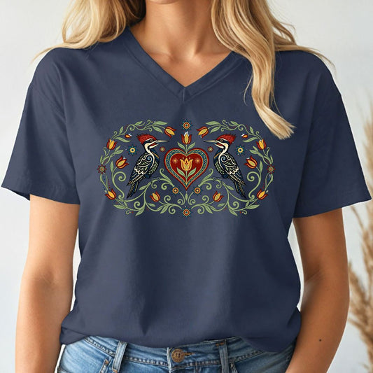 Navy blue t-shirt with a decorative design featuring two woodpeckers and a heart on a plain background