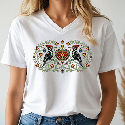 White t-shirt with a decorative design featuring two woodpeckers and a heart on a plain background