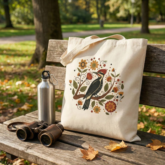 A canvas tote bag with a pileated woodpecker and flowers on a bench in a park with binoculars and a water bottle. 
