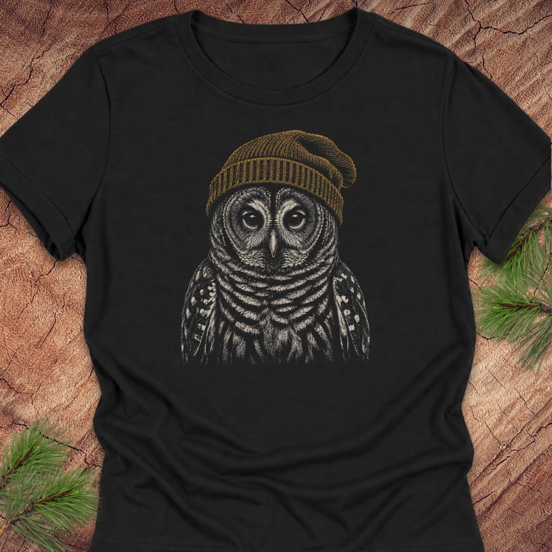 A black short-sleeve t-shirt with a detailed graphic of an owl wearing a brown knit beanie, laid flat on a rustic wood background with pine needles in the corners.