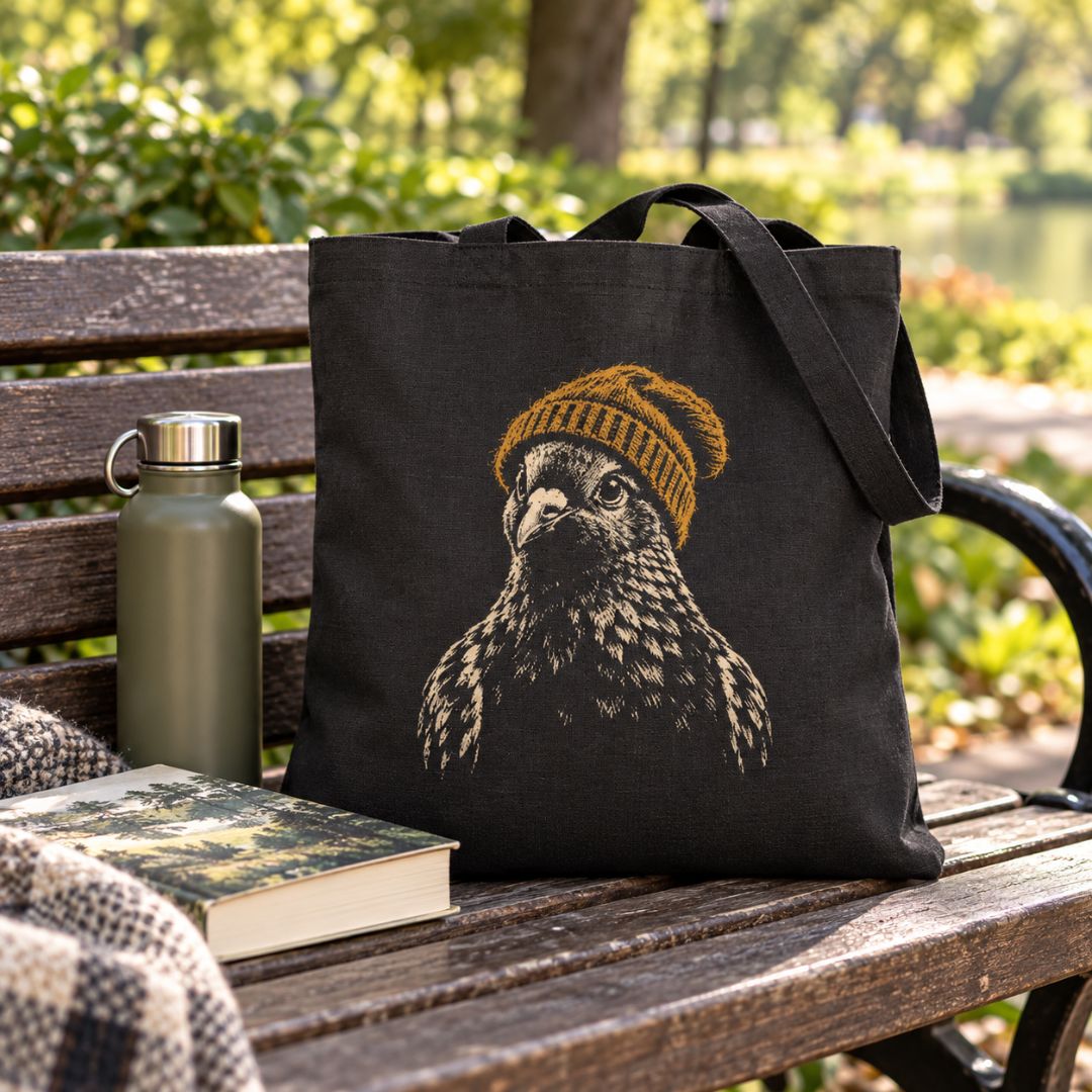 A black canvas tote bag with a graphic of a pigeon wearing a yellow knit hat, sitting on a wooden park bench next to a water bottle and a book.
