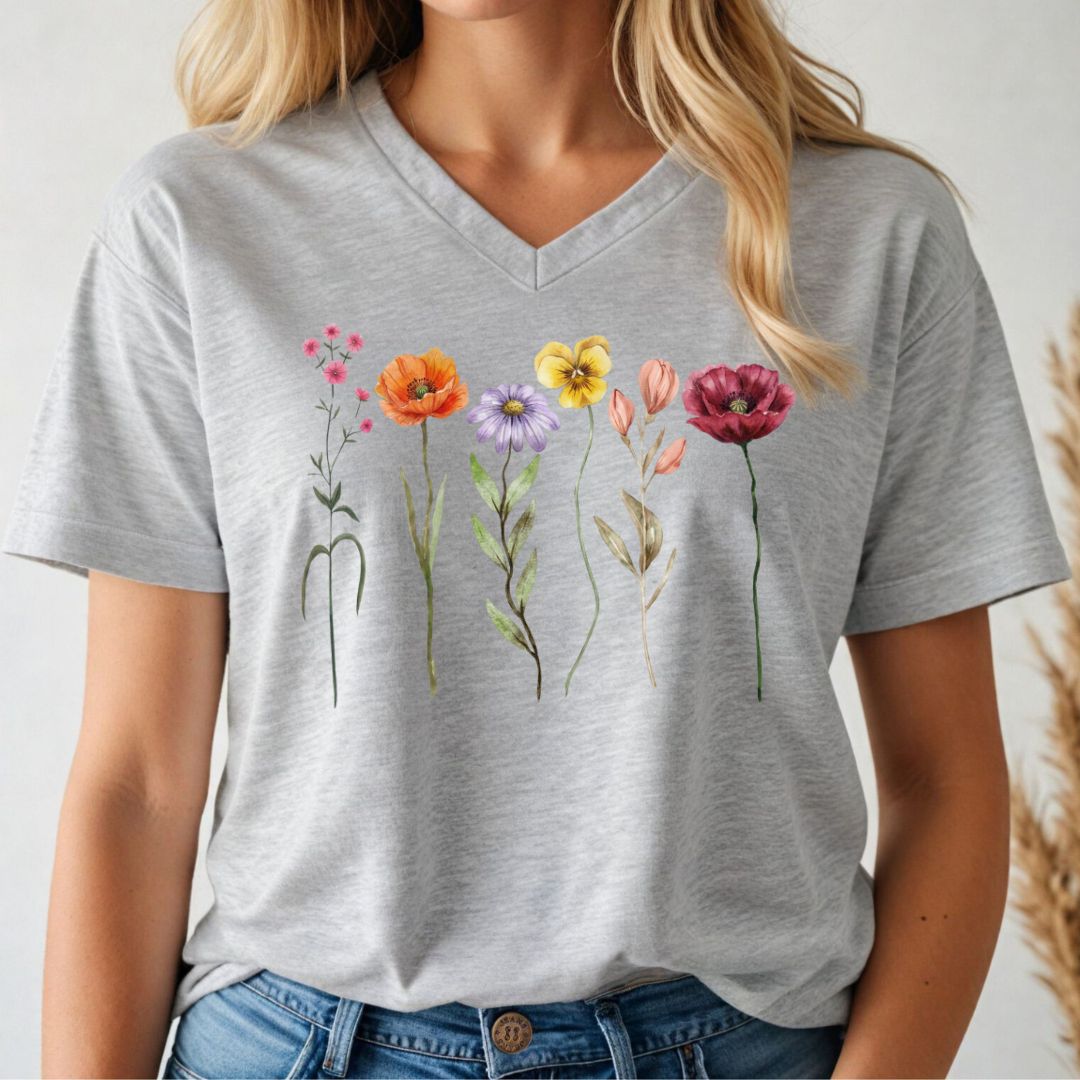 Person wearing a gray t-shirt with colorful floral designs.