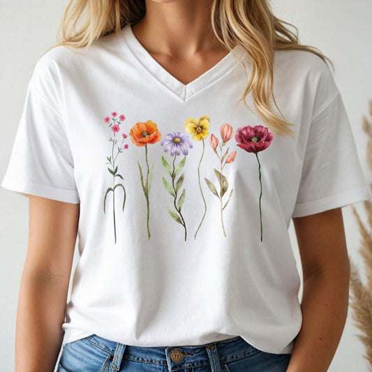 White t-shirt with colorful floral design worn by a person