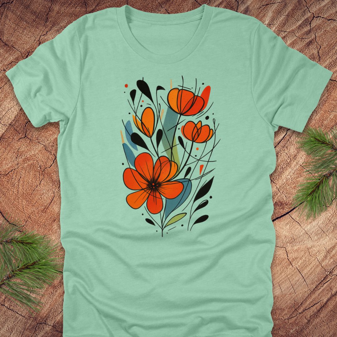 Light green t-shirt with orange floral design on a wooden surface