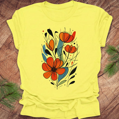Yellow t-shirt with a colorful floral design on a wooden surface