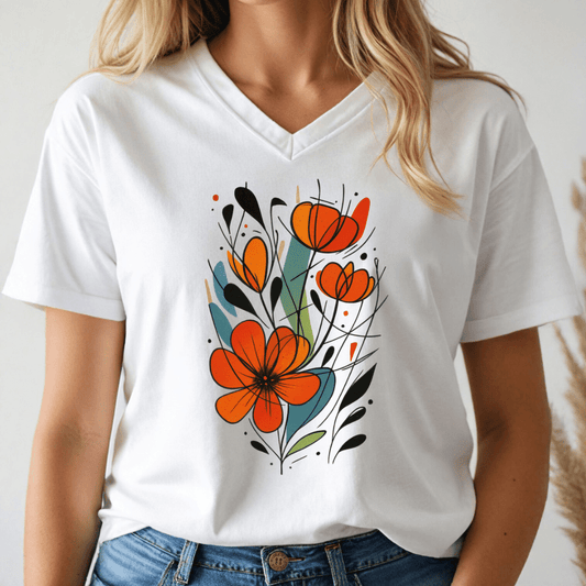 White v-neck t-shirt with orange floral design worn by a person