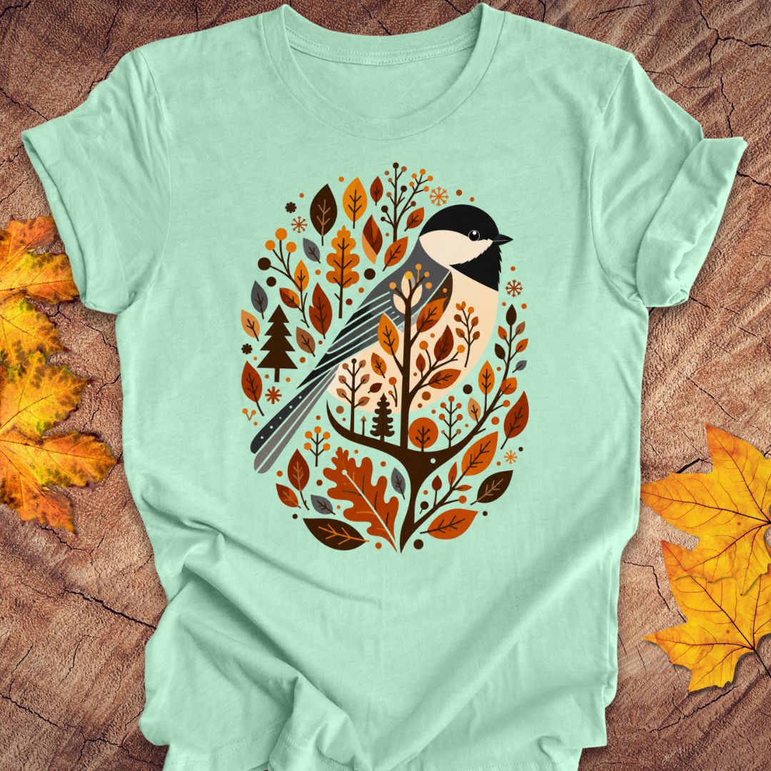 A mint green short-sleeve t-shirt laid flat on a rustic wood background, featuring a central graphic of a bird surrounded by autumn leaves and trees in orange, brown, beige, and black.