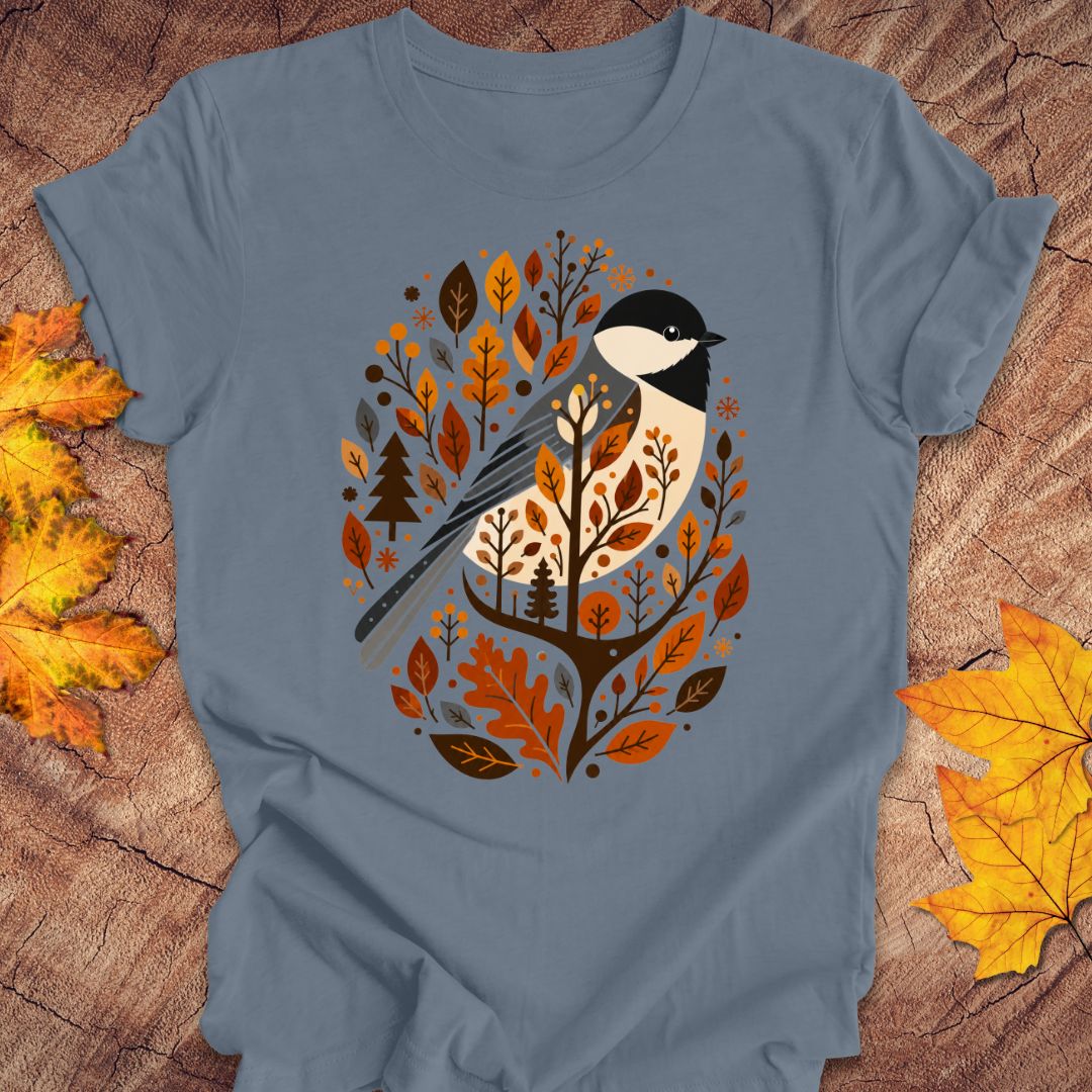 A slate blue crewneck t-shirt featuring a stylized graphic of a chickadee bird surrounded by autumn leaves and trees. The shirt is displayed flat on a rustic wood background accented with yellow and orange maple leaves.