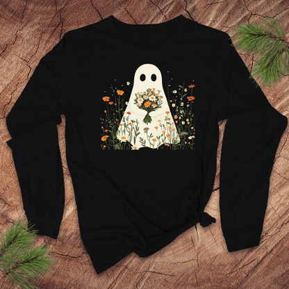 Black long-sleeve shirt with a ghost holding a bouquet of flowers design on a wooden surface.