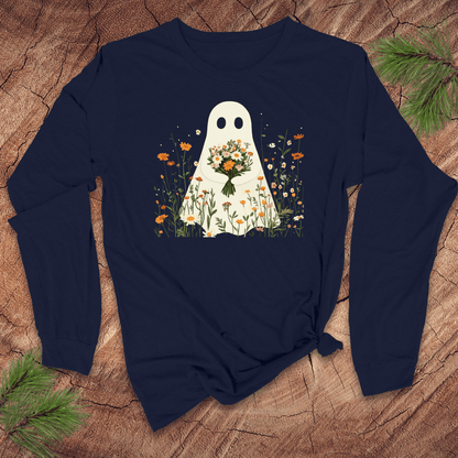 Navy blue long-sleeve shirt with a ghost holding flowers design on a wooden surface.