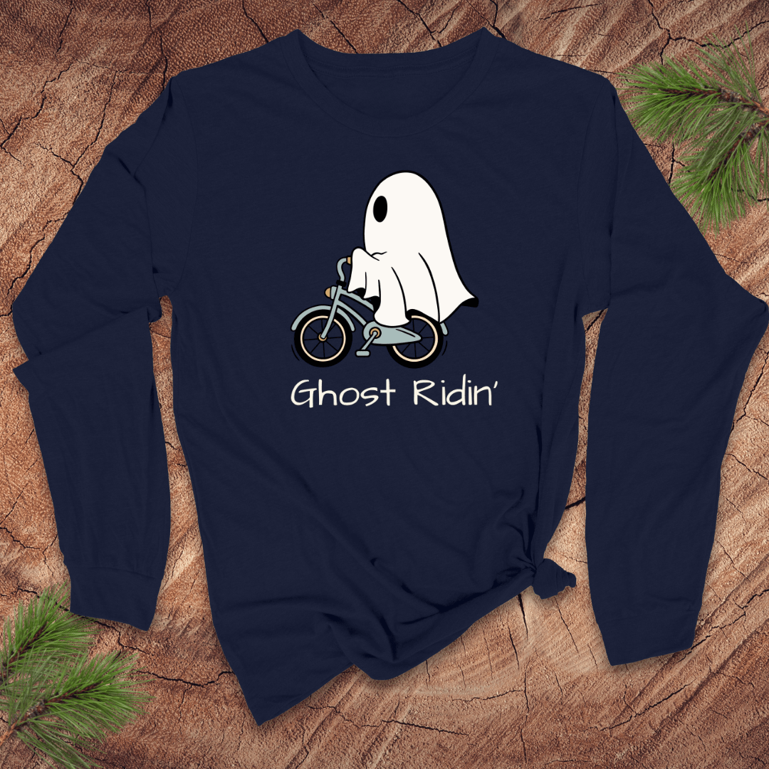 Navy blue long-sleeve shirt with a ghost riding a bike graphic and 'Ghost Ridin'' text on a wooden surface.